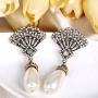 BriLove Womens Vintage Inspired Crystal Simulated Pearl Art Deco Fan Chandelier Dangle Earrings Clear Antique-Gold-Tone