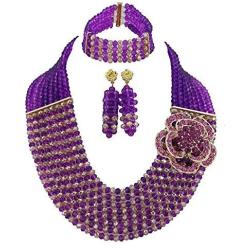 Africanbeads 8 Rows Purple Champagne Crystal Jewelry Set,Bride Jewelry Set,Wedding Beads Jewelry Set