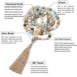 BALIBALI 108 Mala Beads Necklace Semi-Precious Gem Stones Meditation Necklace 108 Hand Knotted Japa Mala Beaded Tassel Necklace with Tree of Life Pendant
