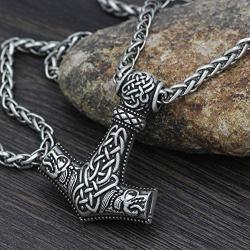 GuoShuang Men Norse God Viking Odin Wolf Thors Mjolnir Pendant Necklace with Valknut Gift Bag