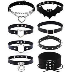 SOOWOOT 8 Pieces PU Leather Choker Necklace Goth Spiked Rivets Punk Collar Necklace Adjustable PU Leather Studded Love Heart Collar Choker Collar Set Gifts for Women Girls