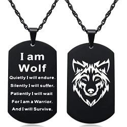 Wolf Pendant Necklace for Men, Inspirational I am Wolf Spirit Dog Tag Strength Jewelry for Tenn Boy Men 2-sided Black