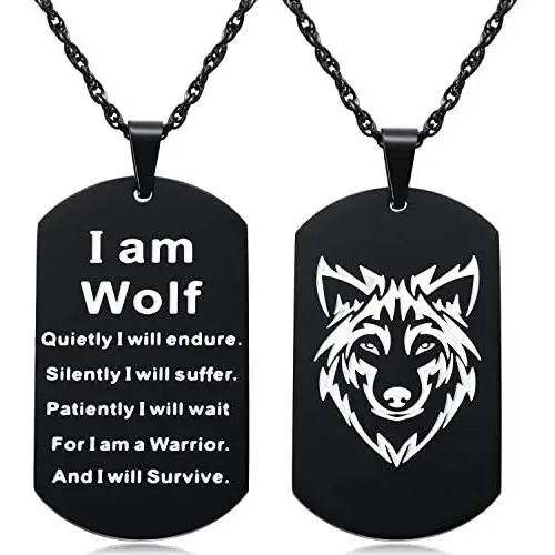 Wolf Pendant Necklace for Men, Inspirational I am Wolf Spirit Dog Tag Strength Jewelry for Tenn Boy Men 2-sided Black