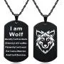 Wolf Pendant Necklace for Men, Inspirational I am Wolf Spirit Dog Tag Strength Jewelry for Tenn Boy Men 2-sided Black