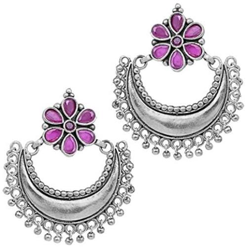 Aheli Indian Traditional Rajasthan Jaipur Collection Oxidised Silver Chandbali Earrings Antique Jewelry for Women Girls
