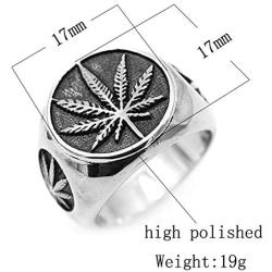 SAINTHERO Mens Vintage Stainless Steel Ring Weed Marijuana Cannabis Leaf Symbol Rock Punk Hip-hop Jewelry Size 7-15