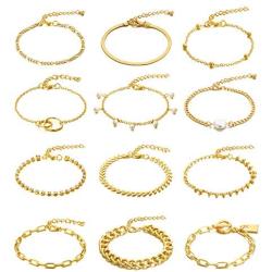 Honsny 12PCS Chain Bracelets for Women 14K Gold Plated Pearl Lock Flat Cable Chain Beaded Bracelets Adjustable Link Chain Bracelet Set Dainty Paperclip Jewelry Set