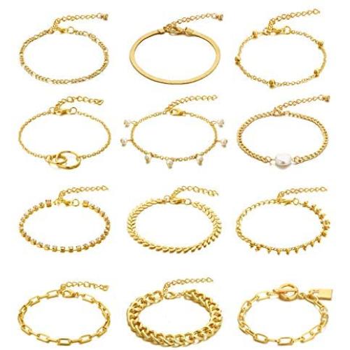 Honsny 12PCS Chain Bracelets for Women 14K Gold Plated Pearl Lock Flat Cable Chain Beaded Bracelets Adjustable Link Chain Bracelet Set Dainty Paperclip Jewelry Set