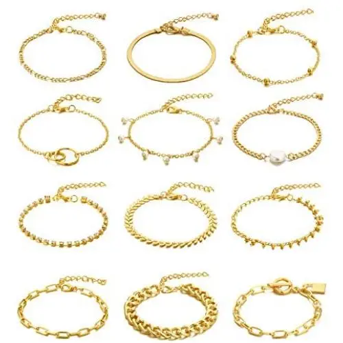 Honsny 12PCS Chain Bracelets for Women 14K Gold Plated Pearl Lock Flat Cable Chain Beaded Bracelets Adjustable Link Chain Bracelet Set Dainty Paperclip Jewelry Set Honsny 12PCS Chain Bracelets for Women 14K Gold Plated Pearl Lock Flat Cable Chain Beaded Bracelets Adjustable Link Chain Bracelet Set Dainty Paperclip Jewelry Set