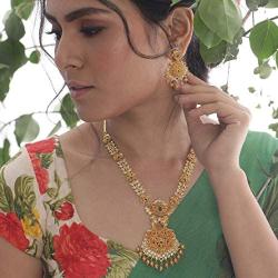 Tarinika Arina Gold-Plated Indian Jewelry Set with Necklace and Earrings - White Red Green