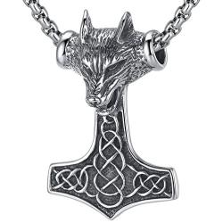 LineAve Mens Stainless Steel Large Wolf Viking Thors Hammer Pendant Necklace, 23''+2'' Ext, 8c0015