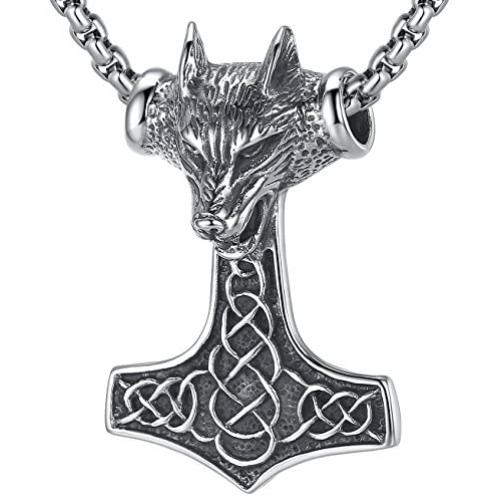 LineAve Mens Stainless Steel Large Wolf Viking Thors Hammer Pendant Necklace, 23''+2'' Ext, 8c0015