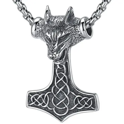 LineAve Mens Stainless Steel Large Wolf Viking Thors Hammer Pendant Necklace, 23''+2'' Ext, 8c0015