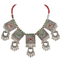 Zephyrr Necklace Carved German Silver Choker Green & Red Beaded Mirror & Enamel for Women and Girls