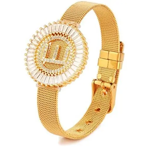 Rhinestone Initial Bracelet 18k Gold Stainless Steel Bangle Bracelet Adjustable Wrap Alphabet Crystal Bracelet Personalized Letter Bracelet Jewelry Gift for Women Girls