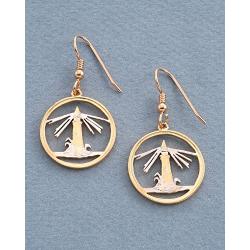 Bahamas Lighthouse Earrings, Bahamas Coin Hand Cut, 14 K Gold and Rhodium Plated