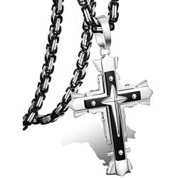 LOLIAS 5MM Stainless Steel Cross Pendant Necklace Men Byzantine Chain Necklace 22-30 Inches
