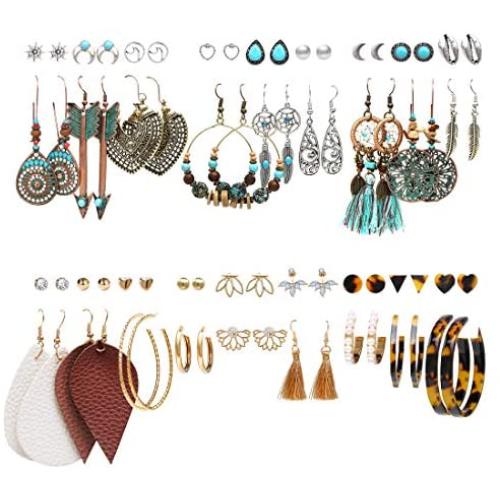 36 Pairs Bohemian Tassel Earrings Set Vintage National Style Leather Heart Shape Earrings Acrylic Stud Hoop Drop Dangle Earrings for Women Girls Valentines Day Birthday Gifts