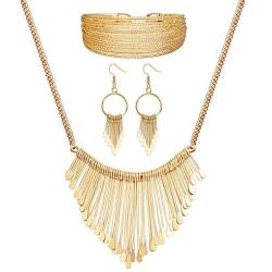 Hanpabum Necklace and Earrings Bracelet 3 Pack Jewelry Set for Women Gold Metal Fringe Drop Collar Necklace and Earrings Bracelet Set