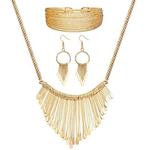 Hanpabum Necklace and Earrings Bracelet 3 Pack Jewelry Set for Women Gold Metal Fringe Drop Collar Necklace and Earrings Bracelet Set