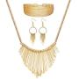 Hanpabum Necklace and Earrings Bracelet 3 Pack Jewelry Set for Women Gold Metal Fringe Drop Collar Necklace and Earrings Bracelet Set