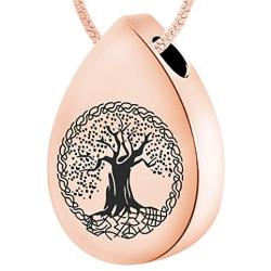 LYFML Teardrop Cremation Jewelry Urn Necklace for Ashes Engraved Tree of Life, Memorial Pendant Made of Titanium Steel, Support for Customization