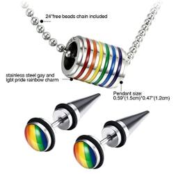 Assorted Gay Lgbt Pride Rainbow Pendant Necklace,2pcs 8MM Punk Rock Rivet Earring Studs,Hypoallergenic