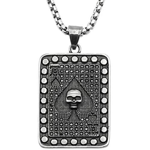 Painosess Men Women Necklace Vintage Stainless Steel Ace of Spades Skull Pendant with 24 inches Chain