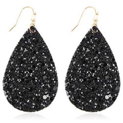 Sparkly Sequin Glitter Geometric Lightweight Simple Drop Statement Earrings - Bohemian Hook Dangles Faux Leather Marquise, Petal Leaf, Teardrop Druzy