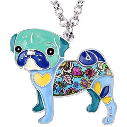 DOWAY Pug Dog Necklace Chain Cute Pet Pendant for Women Girls Jewelry Gift with Floral Enamel