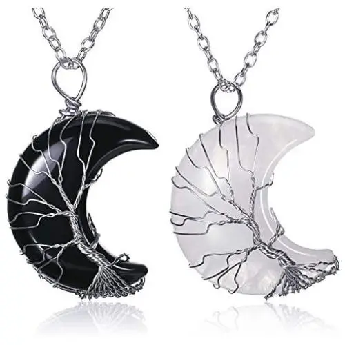 Hicarer 2 Pieces Tree Life Crescent Moon Necklace Wire Wrap Gemstones Healing Crystal Pendant Necklace Quartz Jewelry for Women