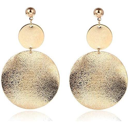 ONLYJUMP Shimmering Round Disc Metal Dangle Earrings for Women Girls Fashion Retro Frosted Gold Silver Big Circle Geometric Statement Ear Jewelry