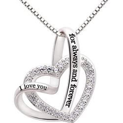 ALOV Jewelry Sterling Silver I Love You for Always and Forever Love Heart Cubic Zirconia Necklace