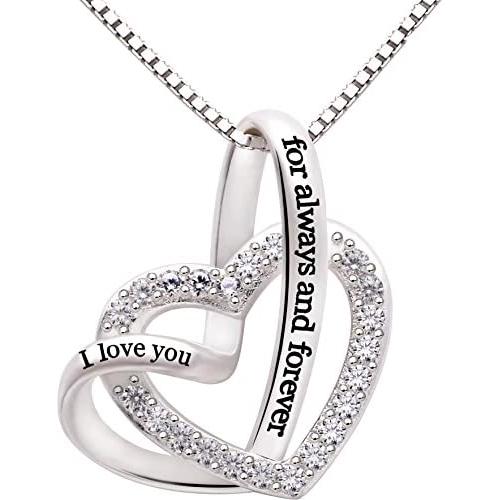 ALOV Jewelry Sterling Silver I Love You for Always and Forever Love Heart Cubic Zirconia Necklace