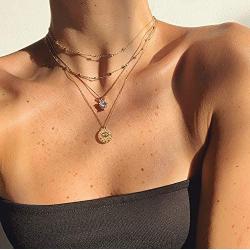 VACRONA Evil Eye Necklace for Women 18k Gold Plated Textured Disk Necklace Shark Tooth Necklace Multicolored CZ Turquoise Protection Heart Pendent Hamsa Minimallist Layering Coin Necklace