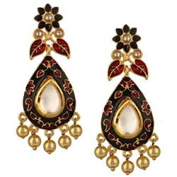 Efulgenz Indian Bollywood 14K Gold Plated Crystal Kundan Pearl Leaf Floral Chandelier Dangle Earrings Jewelry Set
