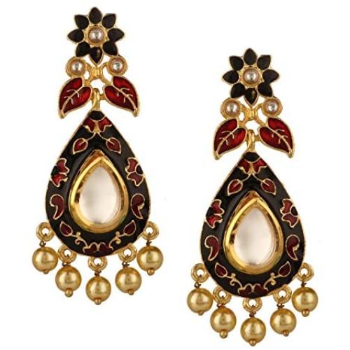 Efulgenz Indian Bollywood 14K Gold Plated Crystal Kundan Pearl Leaf Floral Chandelier Dangle Earrings Jewelry Set