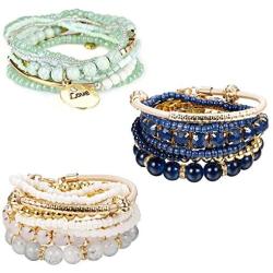 Finrezio 3 Sets Bohemian Beaded Bracelets for Women Multilayer Stretch Stackable Bracelet Set Multicolor Jewelry