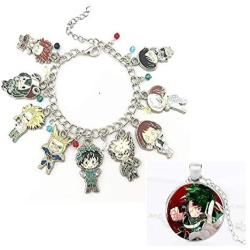 My Hero Academia Bracelet Necklace Set - 1 MHA Manga Charm Bracelet, 1 Midoriya Izuku Necklace for MHA Fans