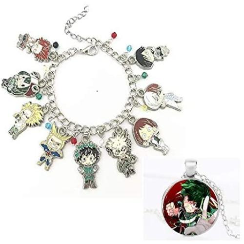 My Hero Academia Bracelet Necklace Set - 1 MHA Manga Charm Bracelet, 1 Midoriya Izuku Necklace for MHA Fans