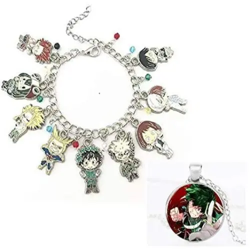 My Hero Academia Bracelet Necklace Set - 1 MHA Manga Charm Bracelet, 1 Midoriya Izuku Necklace for MHA Fans
