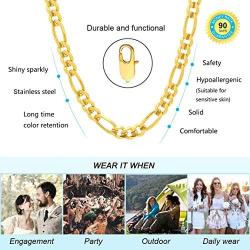 PY Bling 14K Gold White Gold Plated Flat Figaro Link Chain 4-7 mm Womens Mens Stainless Steel Necklace Jewelry 16-36 Inches