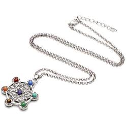 PSEEHEE Tree of Life Flower of Life Sacred Geometry 7 Chakra Healing Crystals Necklace, Reiki Stones Pendant Jewelry