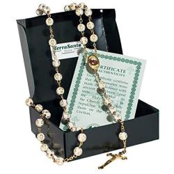 Catholic Beige Rosary Prayer Beaded Jerusalem Cross Crucifix Christ Jesus Necklace Decor with Holy Soil from Jerusalem for Auto Car for Men Women Religious Jewelry Pendant 20.5''