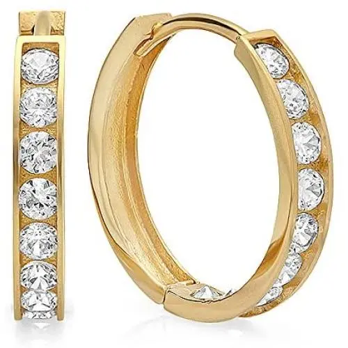 Dazzlingrock Collection 14k Round Cut White Cubic Zirconia CZ Ladies Huggie Hoop Earrings (2.6 mm Width x 14.5 mm Length), Yellow Gold Dazzlingrock Collection 14k Round Cut White Cubic Zirconia CZ Ladies Huggie Hoop Earrings (2.6 mm Width x 14.5 mm Length), Yellow Gold