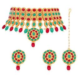 Aheli Stylish Bollywood Diva Deepika Padukone Reception Designed Choker Necklace with Maang Tikka Set Indian Traditional Wedding Fashion Jewelry for Women Girls