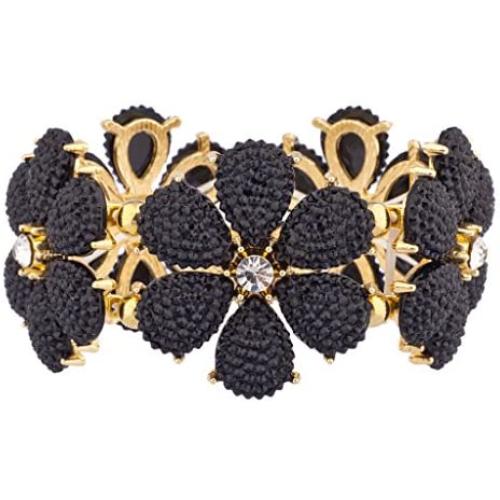 Lux Accessories Black Floral Flower Crystal Stretch Bracelet