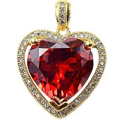 LADY OPA JEWELRY - Ruby Red CZ Heart Charm Surrounded by Rhinestones in a Raised 3 Prong 24K Gold Layered Setting - Also Available with a 1 mm French Rope Chain