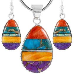 Sterling Silver with Genuine Turquoise Necklace & Earrings Set (SELECT COLOR)