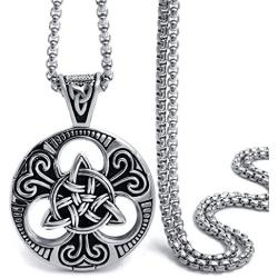 Elfasio Celtic knot Magic Both Sided Pendant Necklace Mens Stainless Steel Box Chain Jewelry(20-28inch)